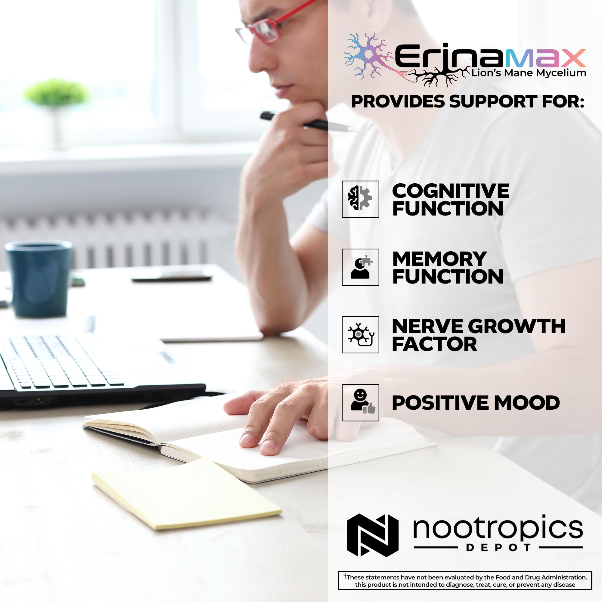 Nootropics Depot Erinamax emballage-boite, présentation pratique pour une routine neurocognitive.