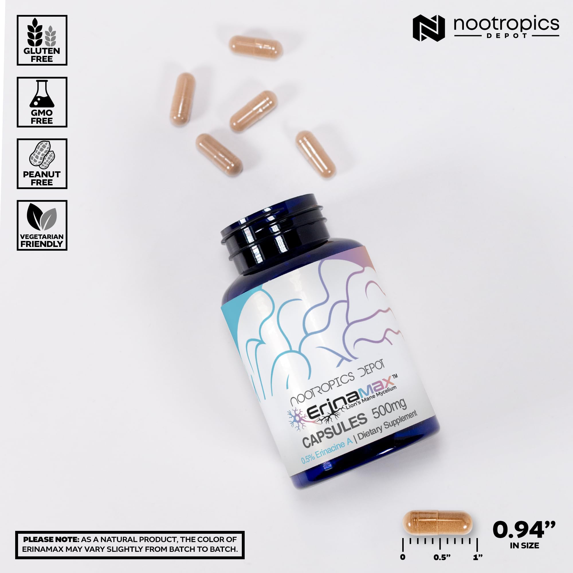 Nootropics Depot Erinamax Erinacine A, extrait bioactif potentiellement bénéfique pour la fonction neuronale.
