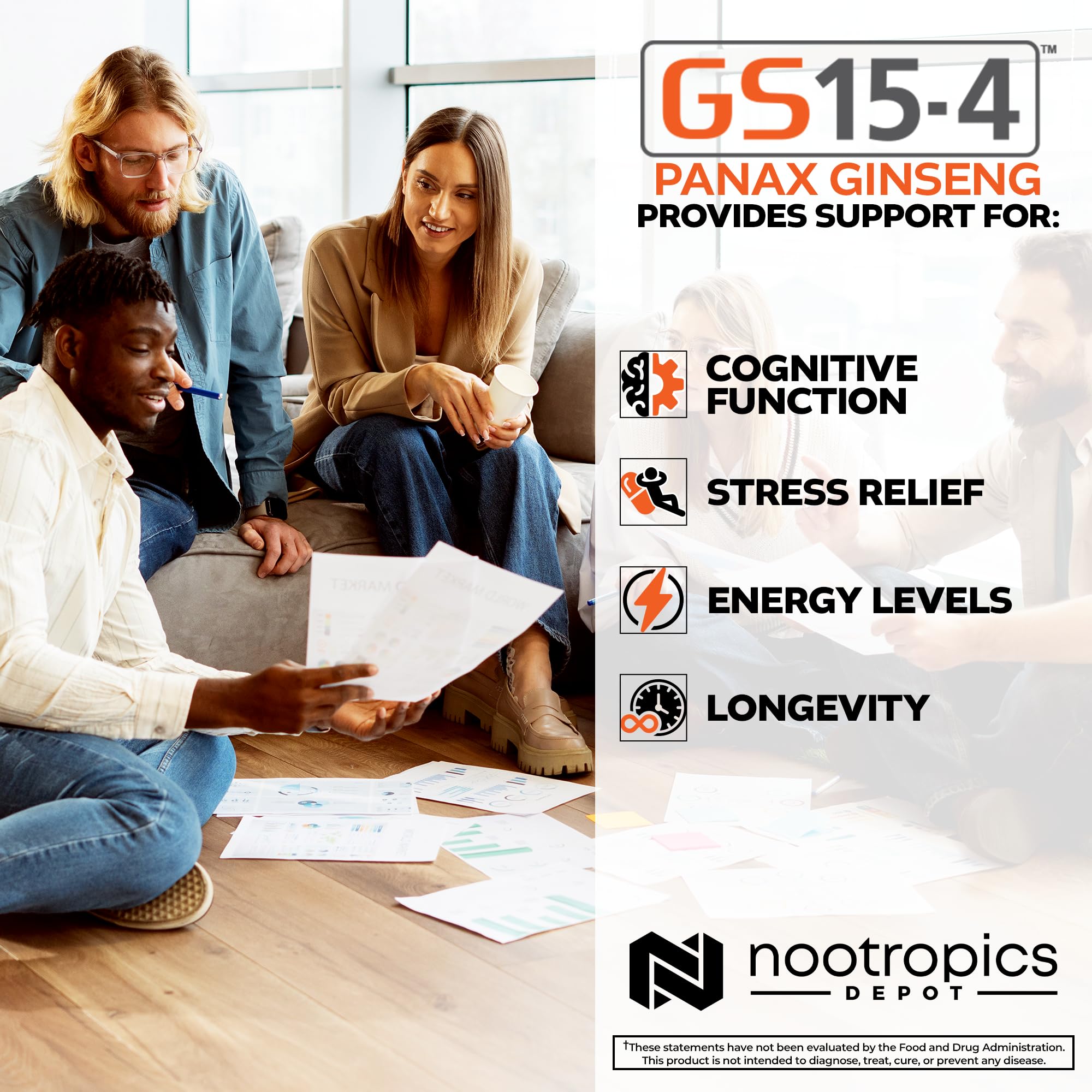 Nootropics Depot GS15-4 Panax Ginseng, étiquette: description claire des usages.