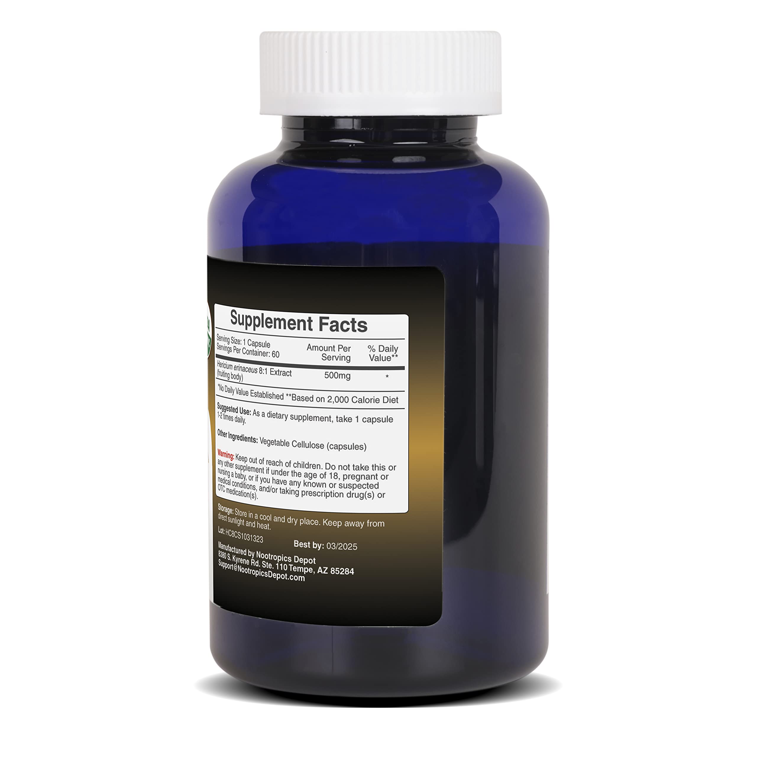 Rangement pratique Nootropics Depot Lions Mane : flacon prêt à l’emploi.