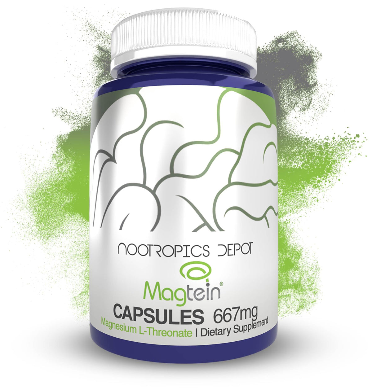 Nootropics Depot Magtein gélules dans une bouteille: soutien cognitif potentiel pour la journée.
