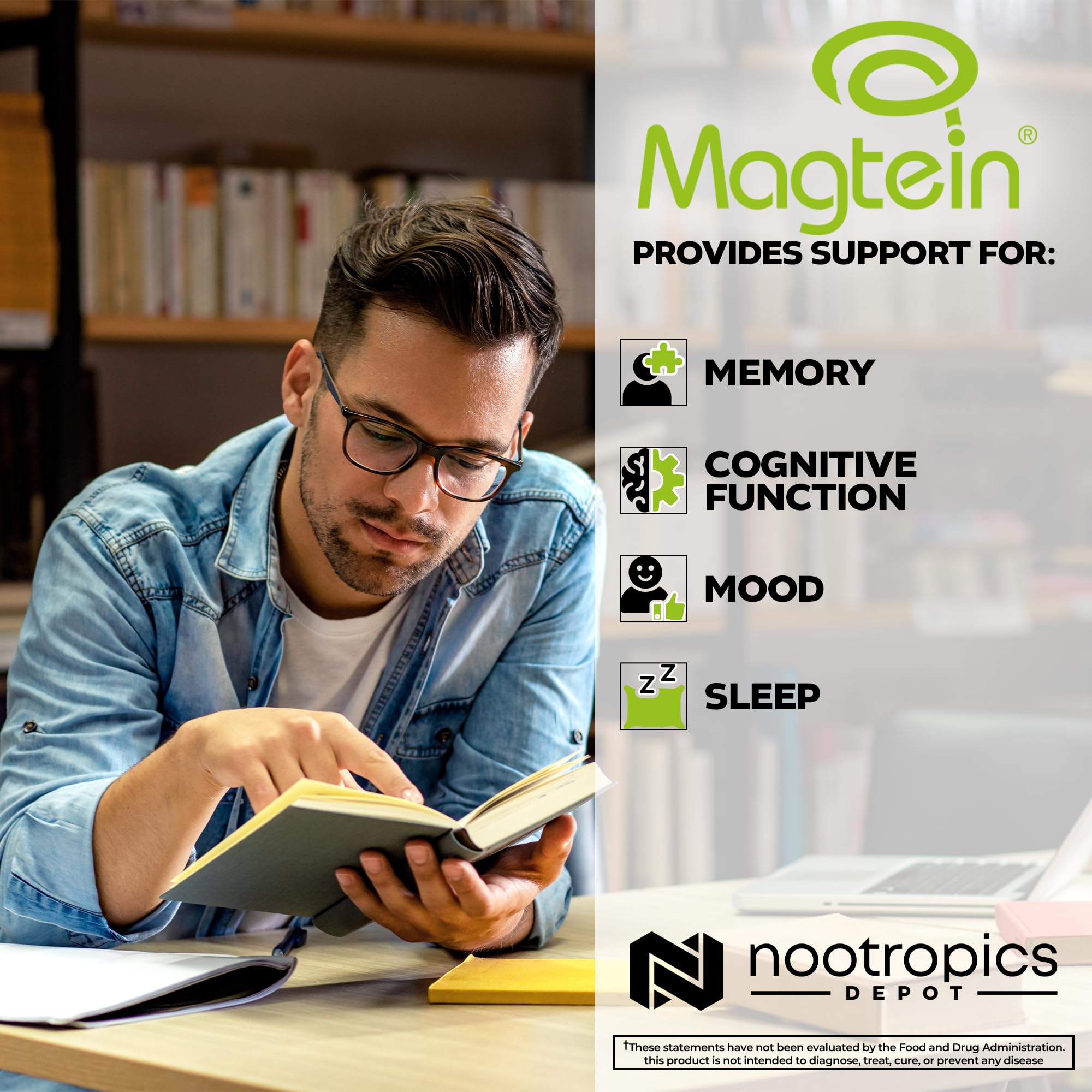 Nootropics Depot Magtein emballage présenté sur table: pratique pour la routine matin.