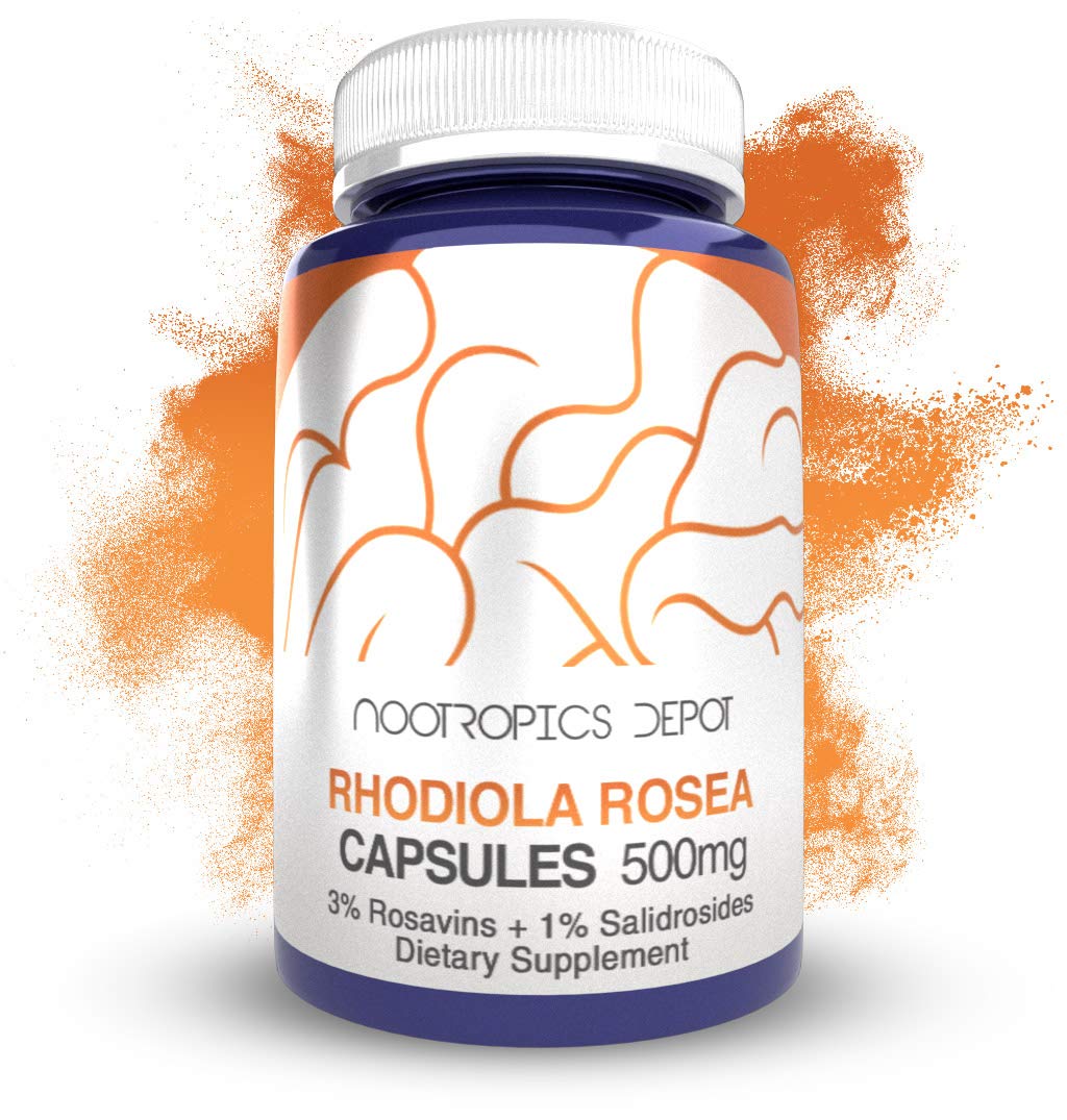Nootropics Depot Rhodiola Rosea, capsule en bouteille soutenant potentiellement l énergie