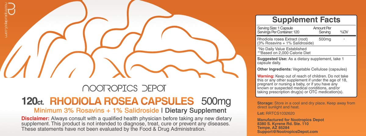 Nootropics Depot Rhodiola Rosea, gros plan sur les capsules, texture lisse