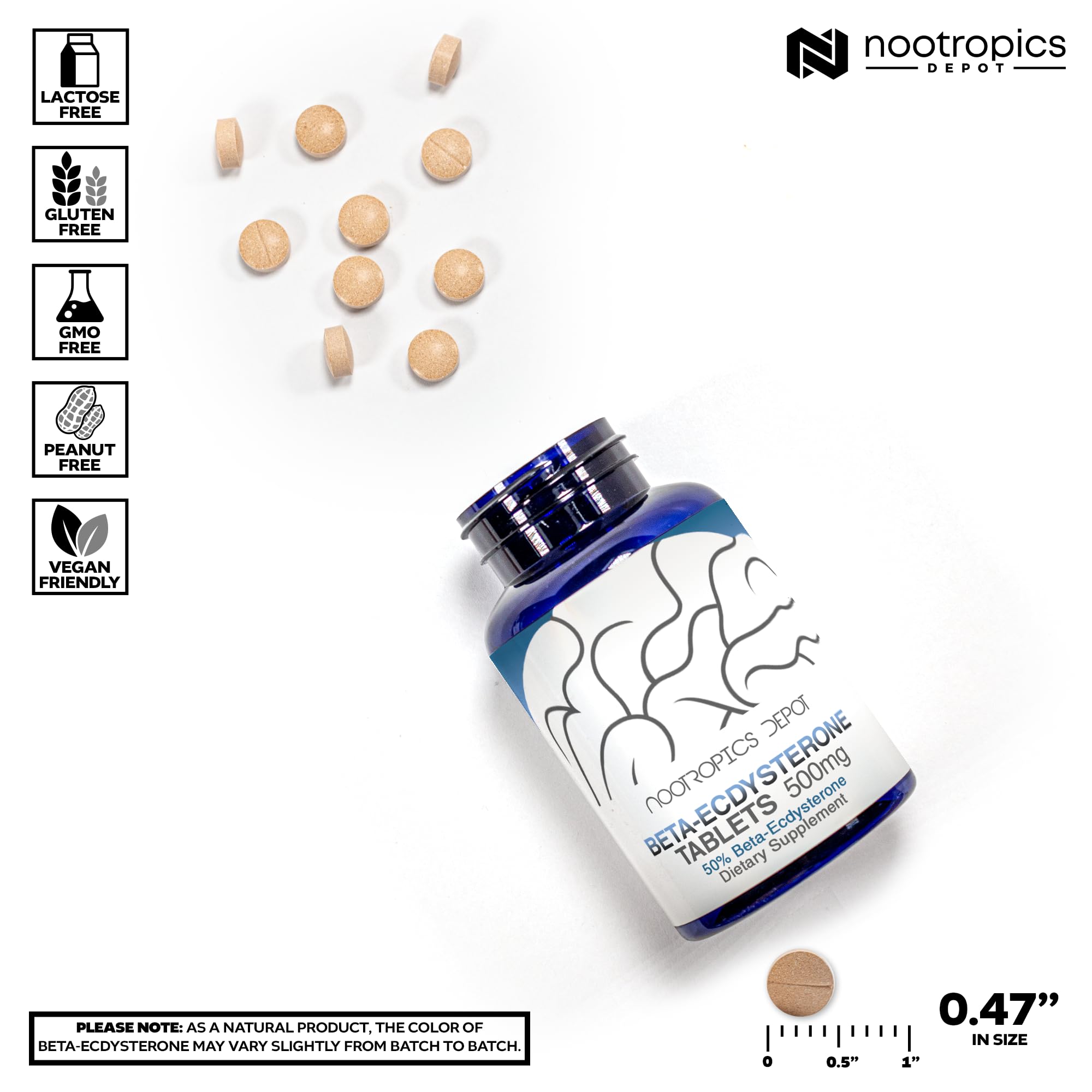 Nootropics Depot Tablettes alignées, dosage clair par unité de 500 mg.