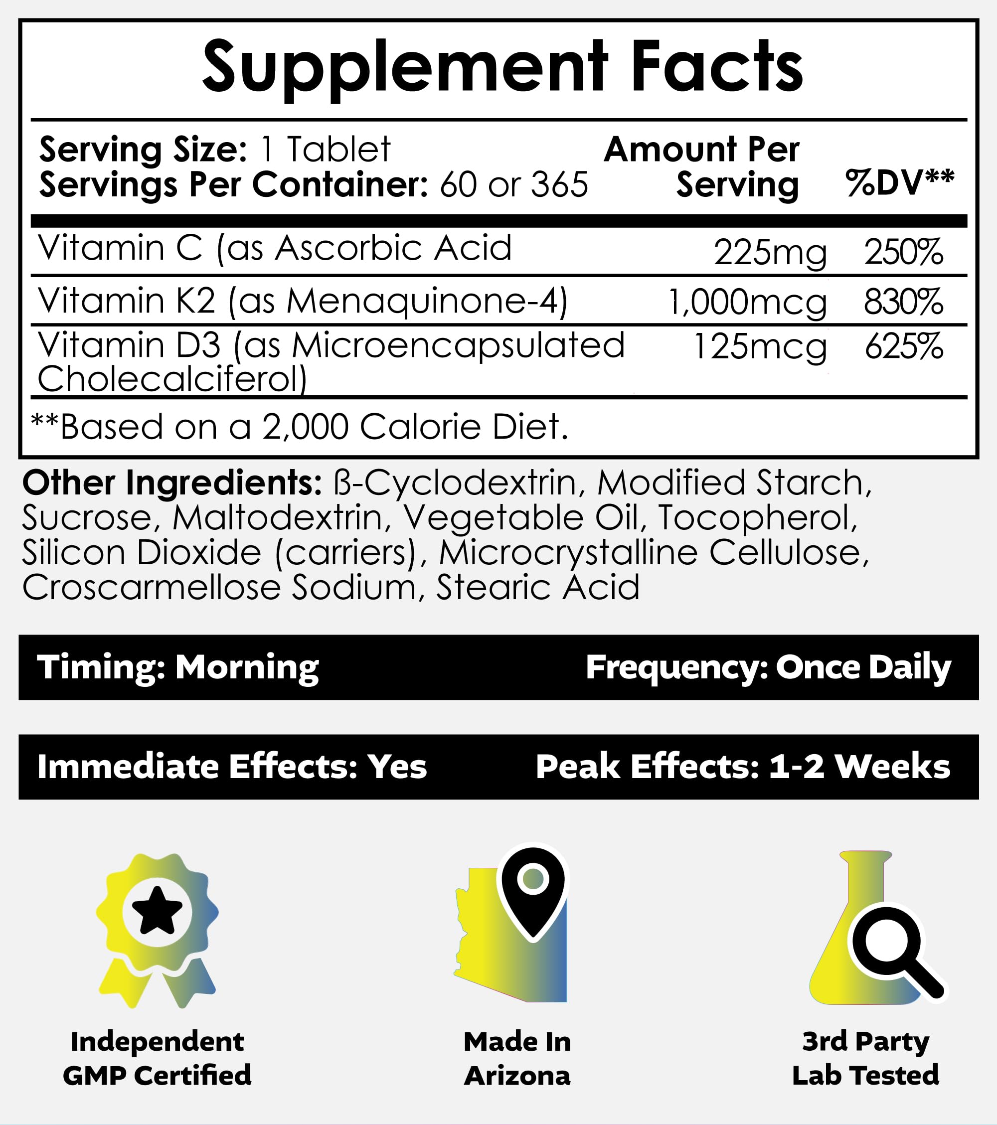 Nootropics Depot tablettes D3 K2 et vitamine C, formulation pour une absorption potentielle.