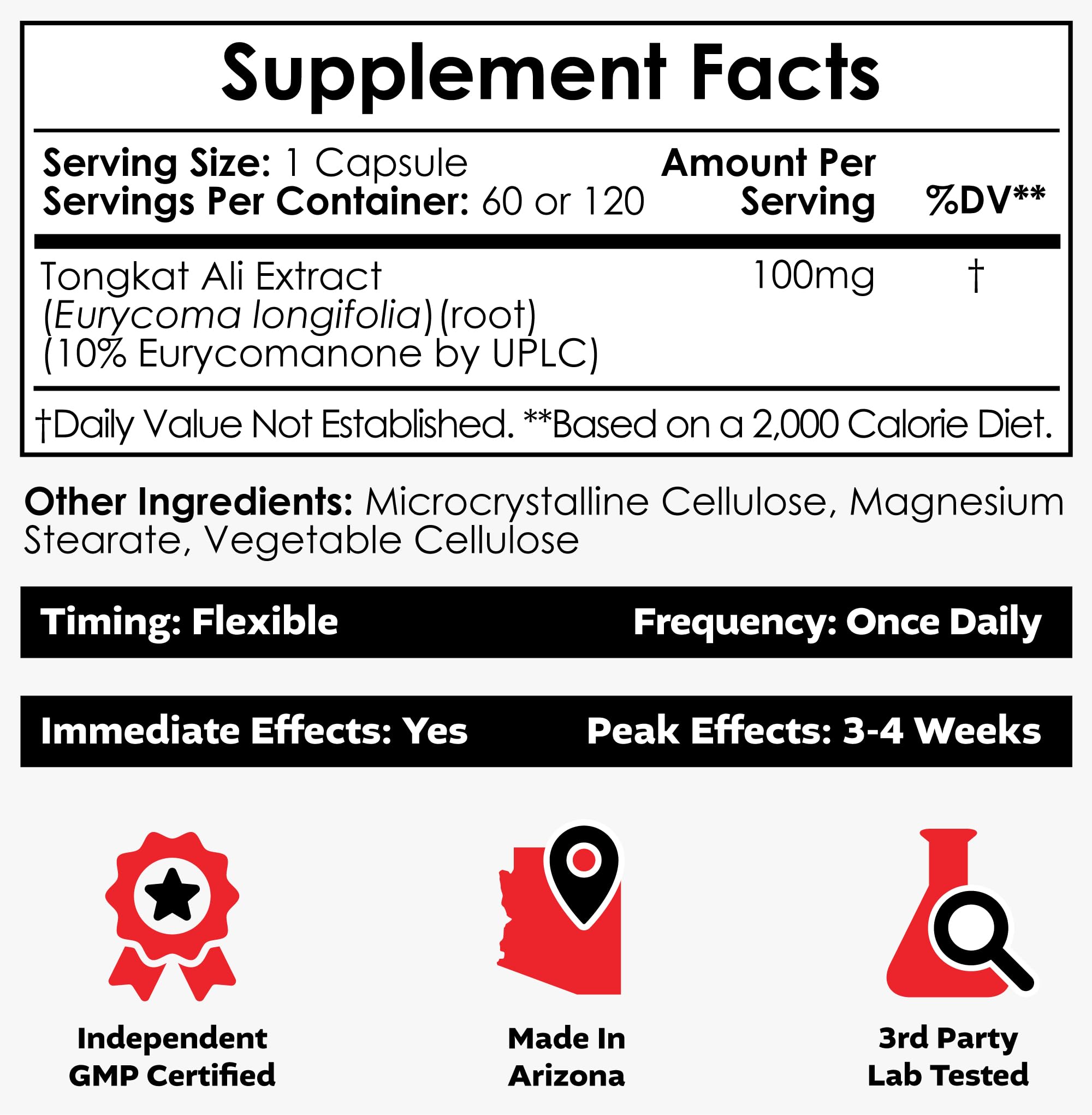 Nootropics Depot Tongkat Ali, capsules vues de près, amélioration possible de la vigilance et de la motivation