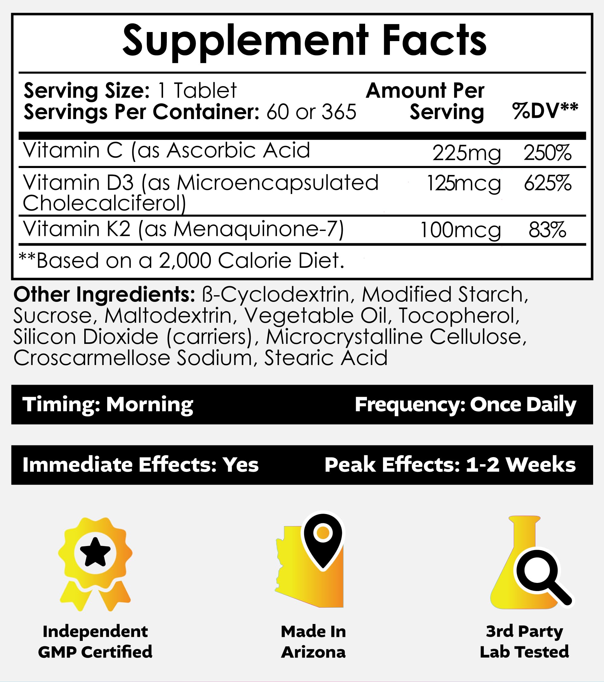 Nootropics Depot D3/K2/C, comprimés en gros plan montrant le dosage.