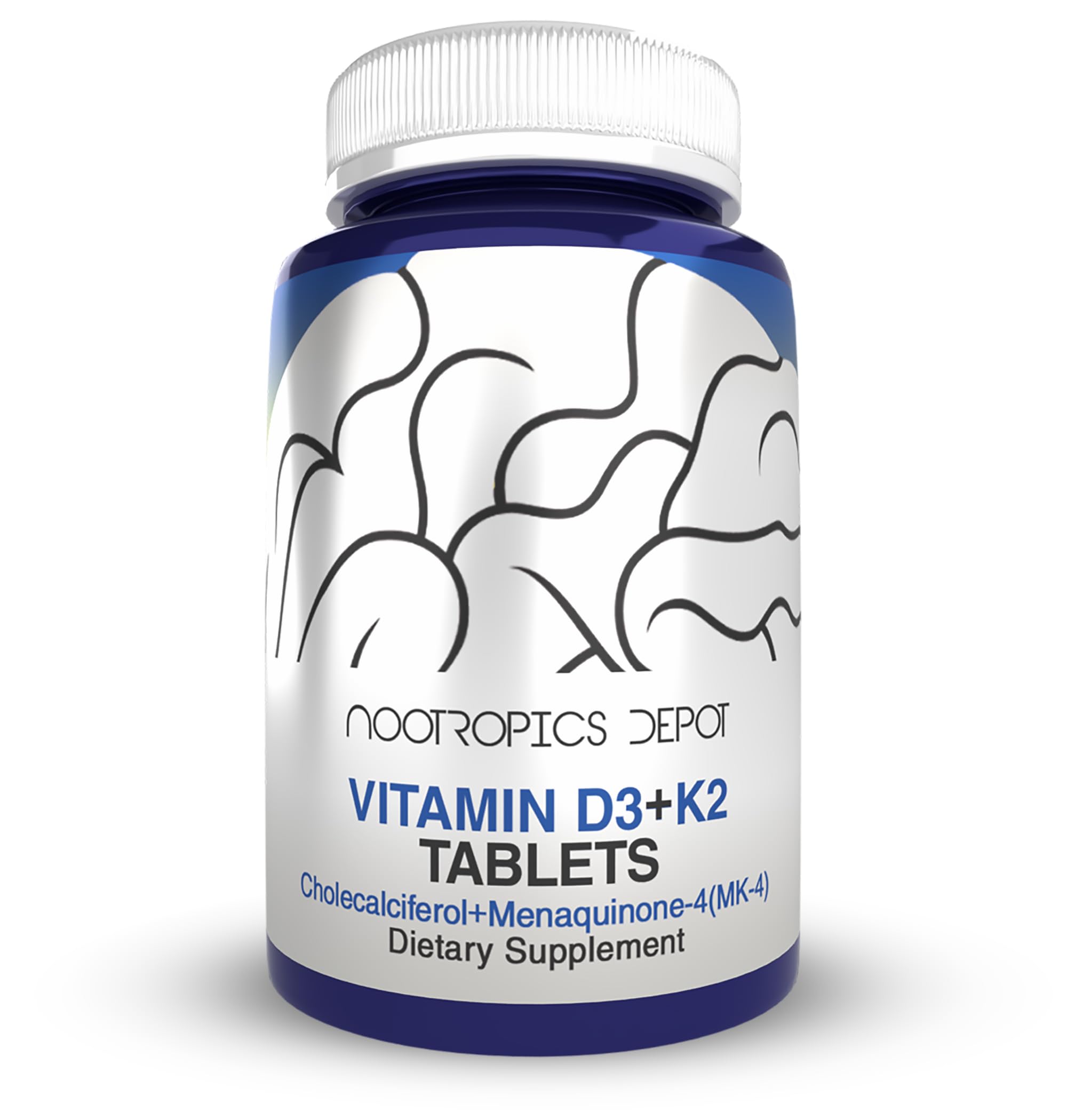 Nootropics Depot vitamine D3 et K2 en bouteille, soutien possible à la santé osseuse.