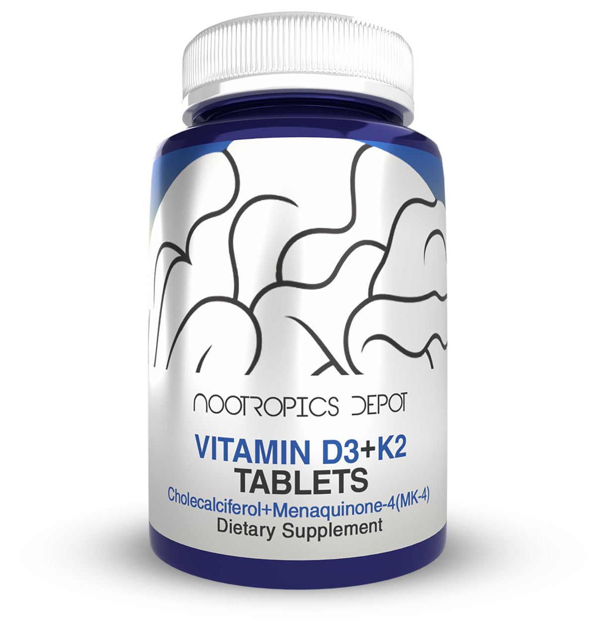 Nootropics Depot vitamine D3 et K2 en bouteille, soutien possible à la santé osseuse.