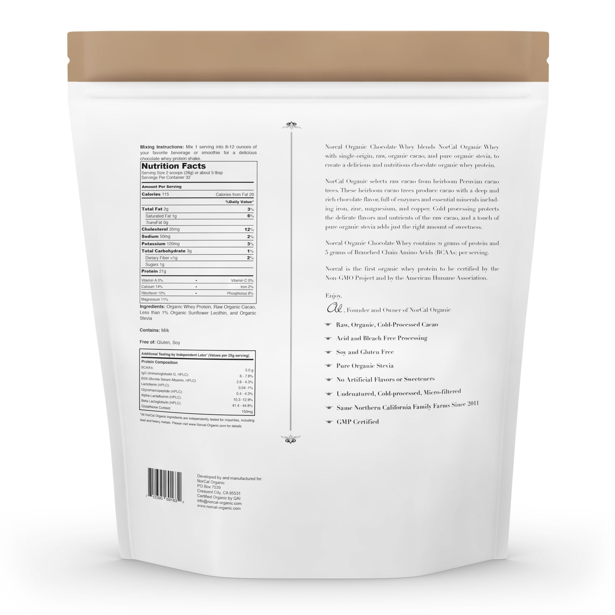 Poudre whey chocolat NorCal Organic dans un pot, préparation rapide