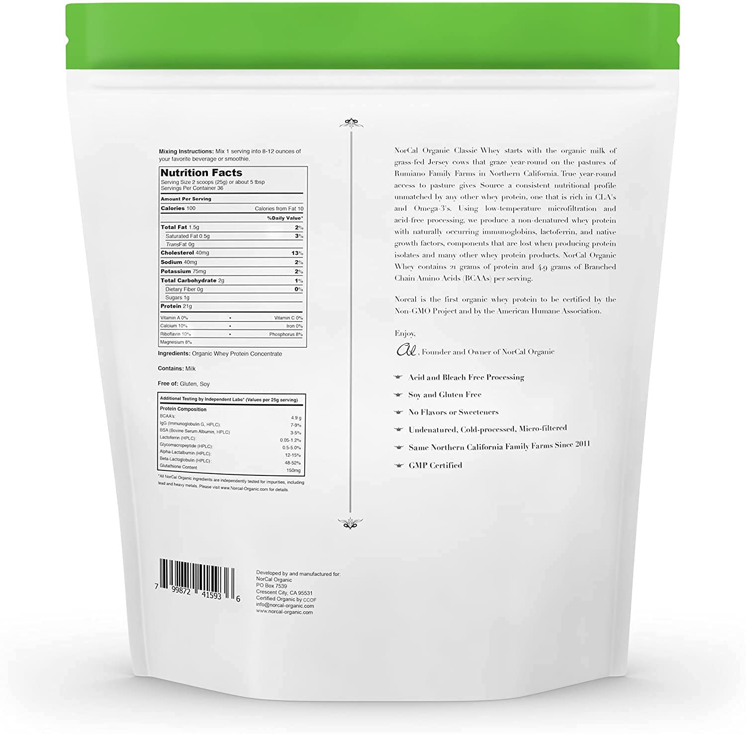 Whey Classique NorCal Organic en poudre pour mélange facile.