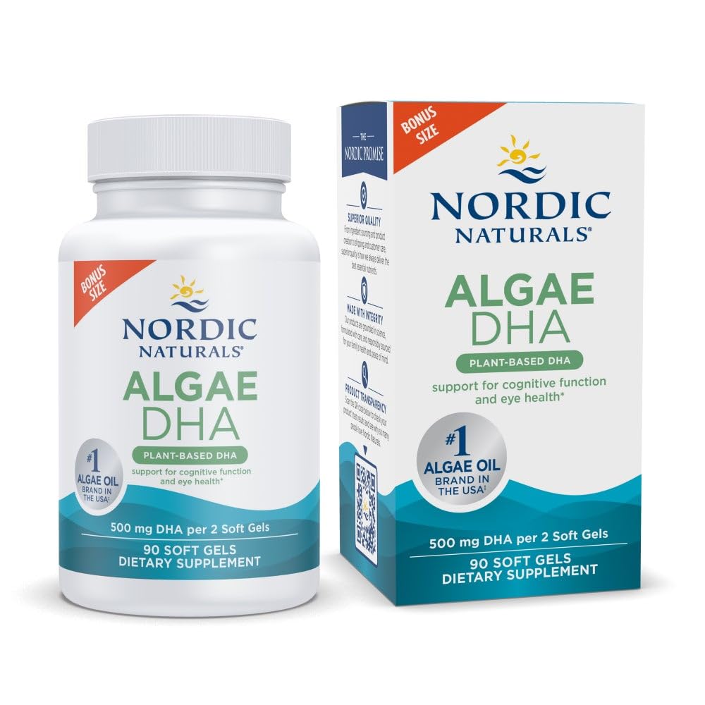 Nordic Naturals Algae DHA – bouteille ouverte avec gélules végétales faciles à avaler, soutien quotidien.