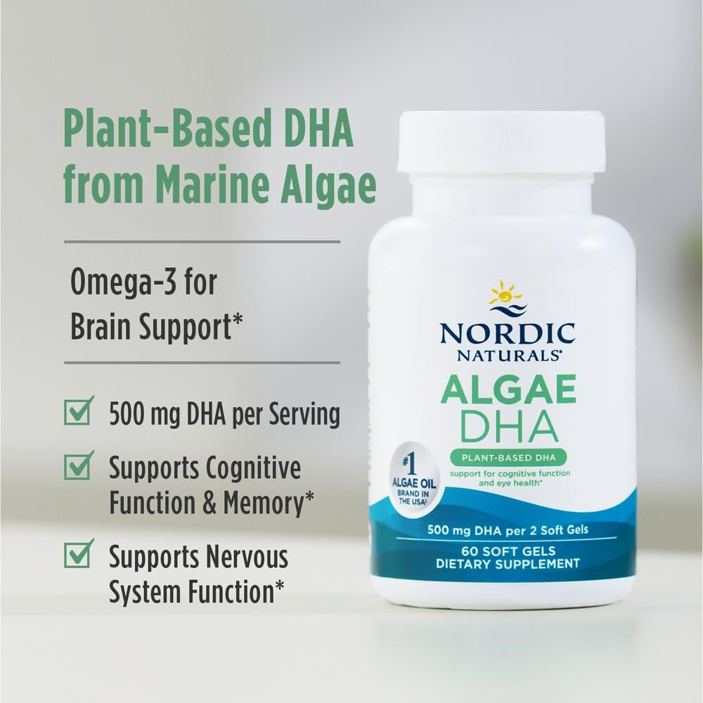 Emballage de Nordic Naturals Algae DHA sans OGM, gluten et produits laitiers inclus.