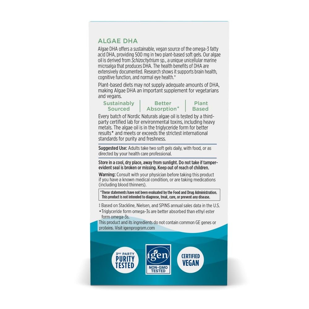 Étiquette claire sur Nordic Naturals Algae DHA indiquant origine végétale et pureté.