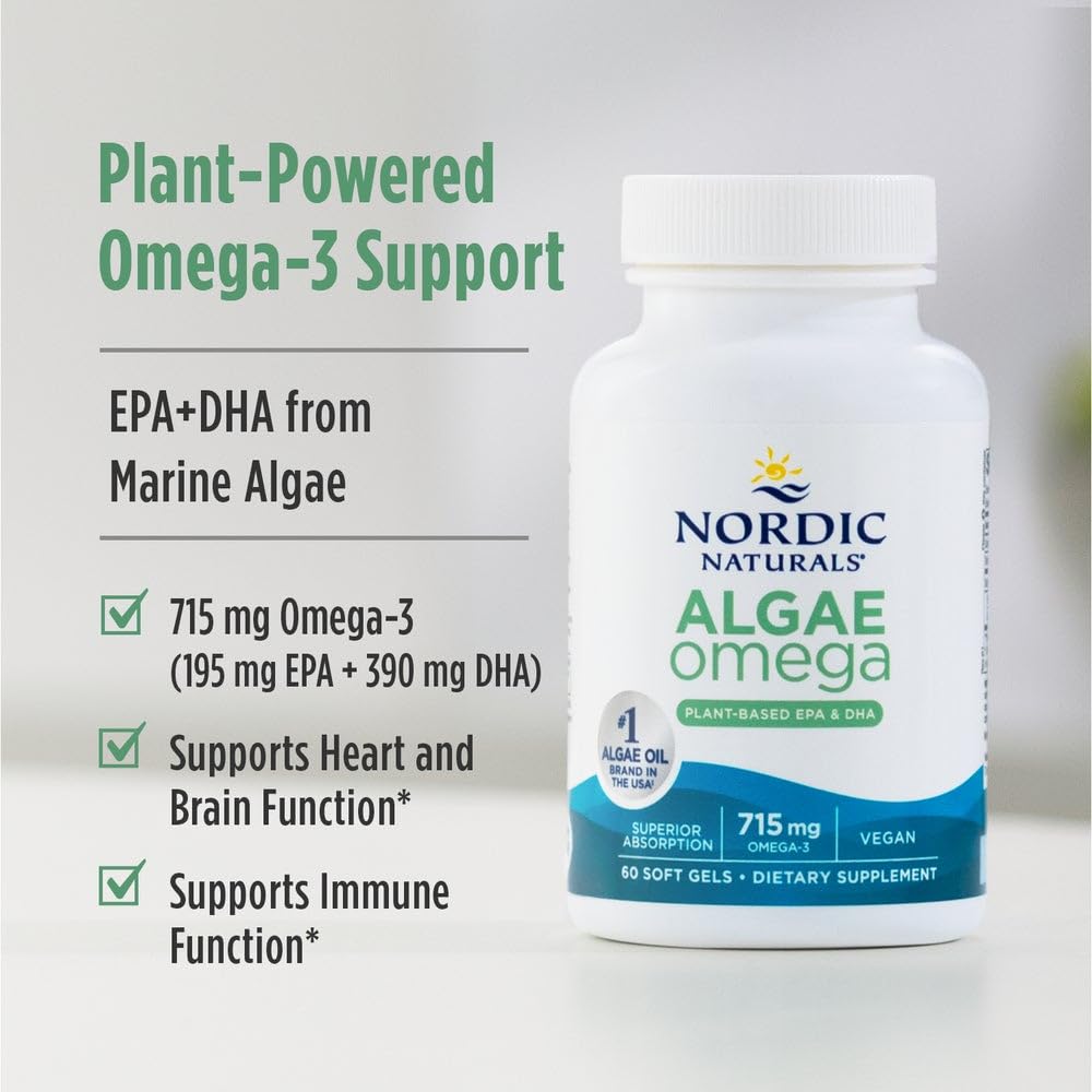 Nordic Naturals Algae Omega: infographie EPA et DHA indiquant les usages potentiels pour cœur et yeux