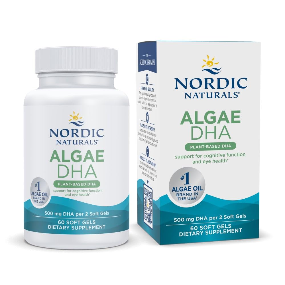 Nordic Naturals Algues DHA : bouteille sur fond blanc, peut soutenir la santé cérébrale et visuelle.