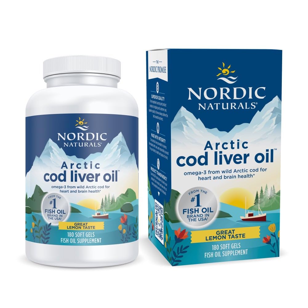 Bouteille Nordic Naturals Arctic Cod Liver Oil au goût citron, pratique etSavoureuse pour la routine.
