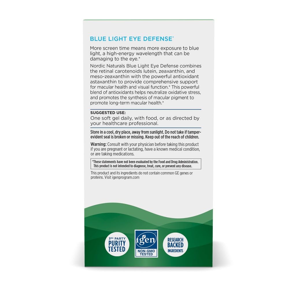 Bouteille Nordic Naturals Blue Light Defense sur table, usage pratique au quotidien.
