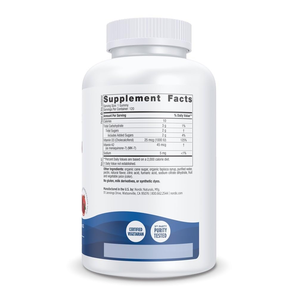 Boîte Nordic Naturals gommes D3 K2, prise quotidienne pratique.