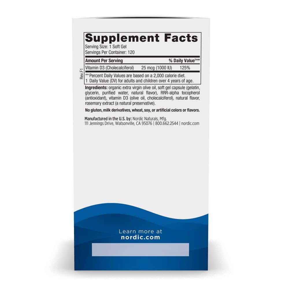 Boîte Nordic Naturals Vitamine D3 orange, 120 gélules pour l’utilisation quotidienne.