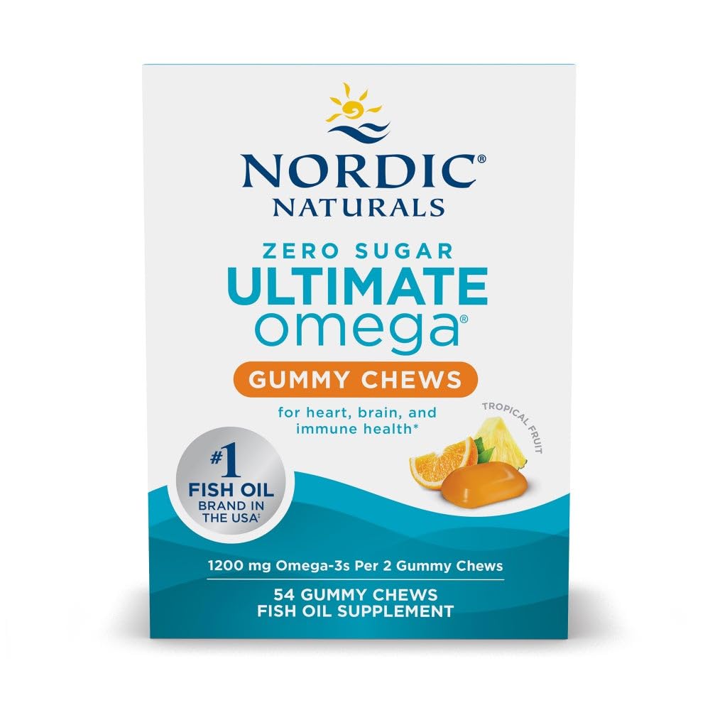 Gommes Nordic Naturals Omega Zéro Sucre, goût tropical, bouchée pratique pour routine quotidienne.
