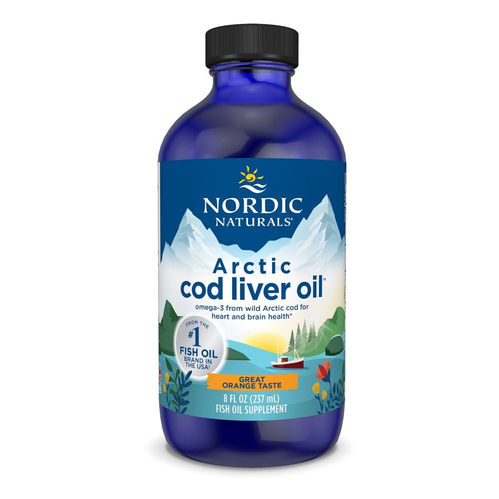 Nordic Naturals: Bouteille huile foie morue artique orange, goût agréable.