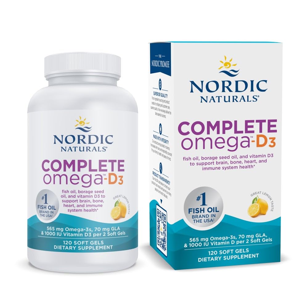 Nordic Naturals Complete Omega-D3 bouteille citron, soutien quotidien à la vitalité et au bien-être.