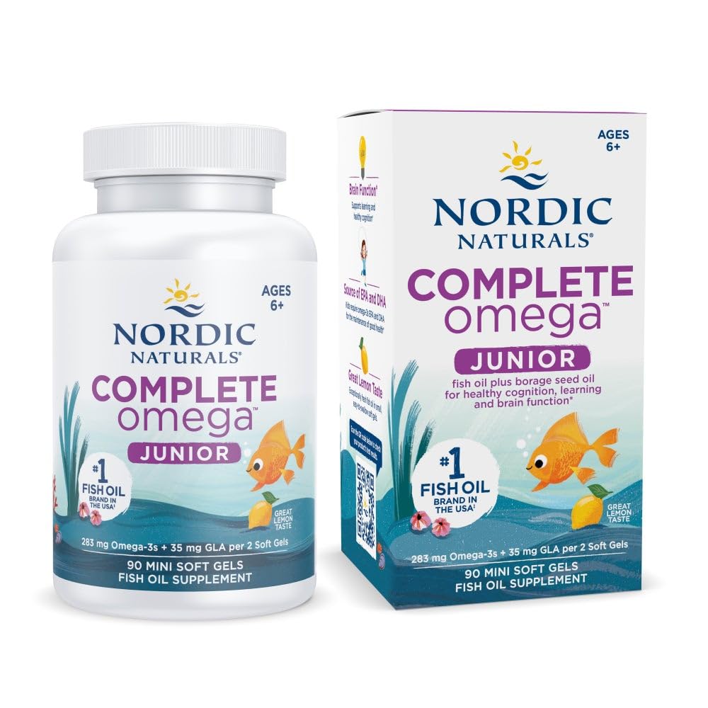 Bouteille Nordic Naturals Complete Omega Jr. au citron, pratique pour les enfants.