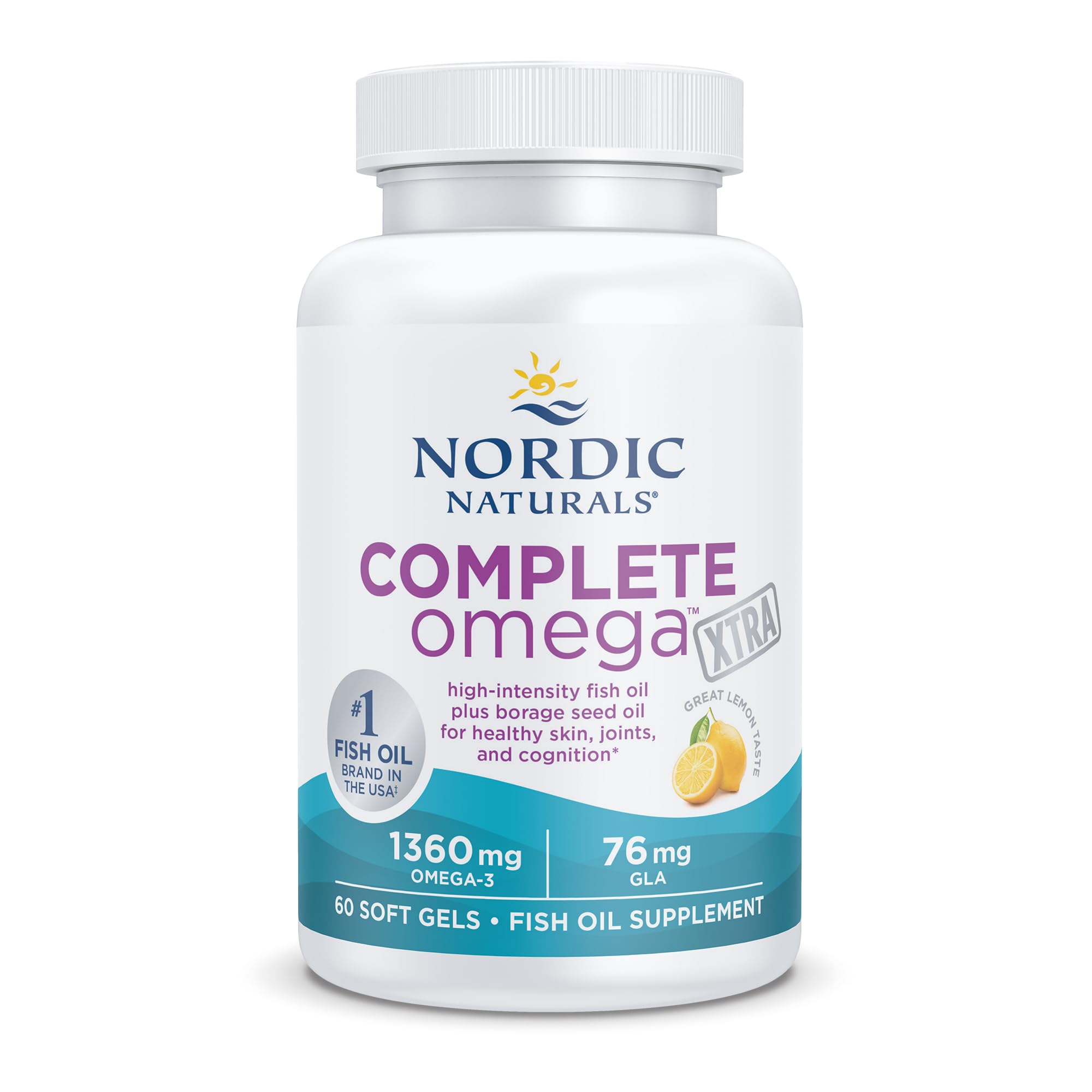 Nordic Naturals Complete Omega Xtra – bouchon et flacon citron, expérience sensorielle agréable.