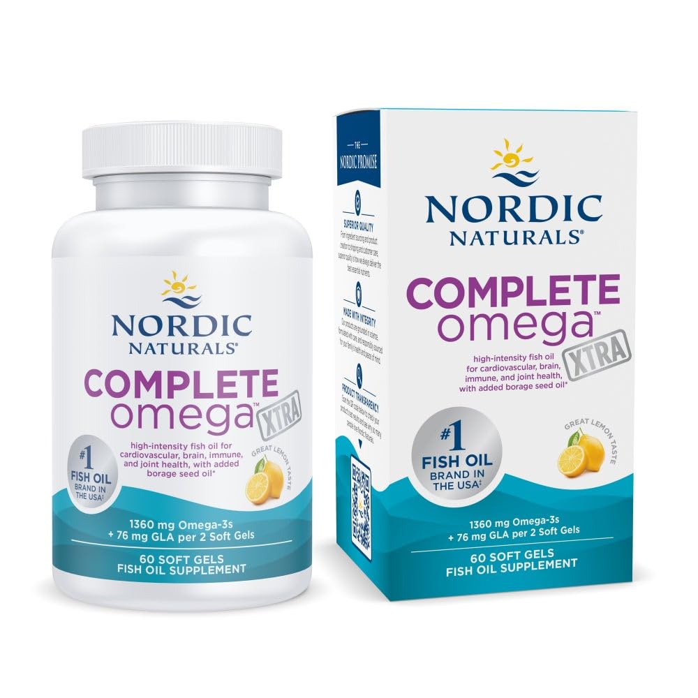 Nordic Naturals Complete Omega Xtra – bouteille citron, goût frais et absorption potentielle.