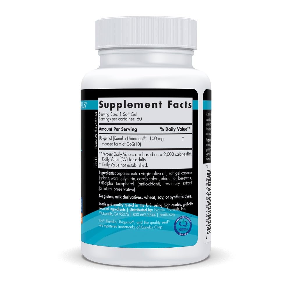 Bouteille Nordic Naturals CoQ10 Ubiquinol Sport sur une table, présentation pratique.