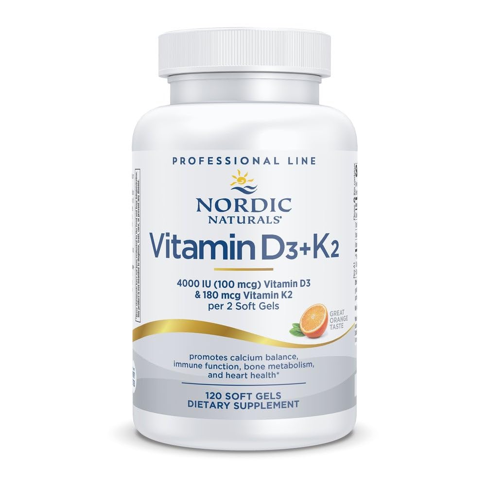 Nordic Naturals D3K2, capsules molles orange, soutien potentiel à l'équilibre calcique et à l'immunité.