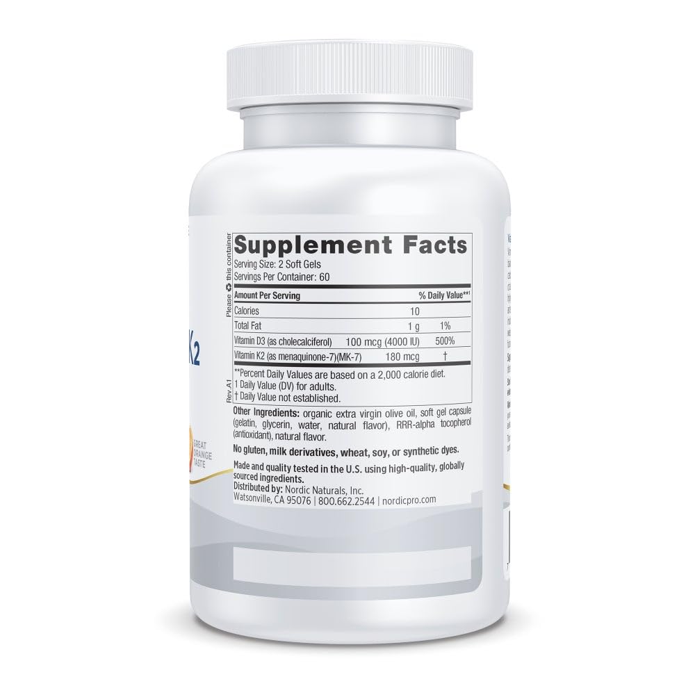 Flacon Nordic Naturals D3K2, étiquette orange, prise quotidienne pratique pour le calcium et l'immunité.