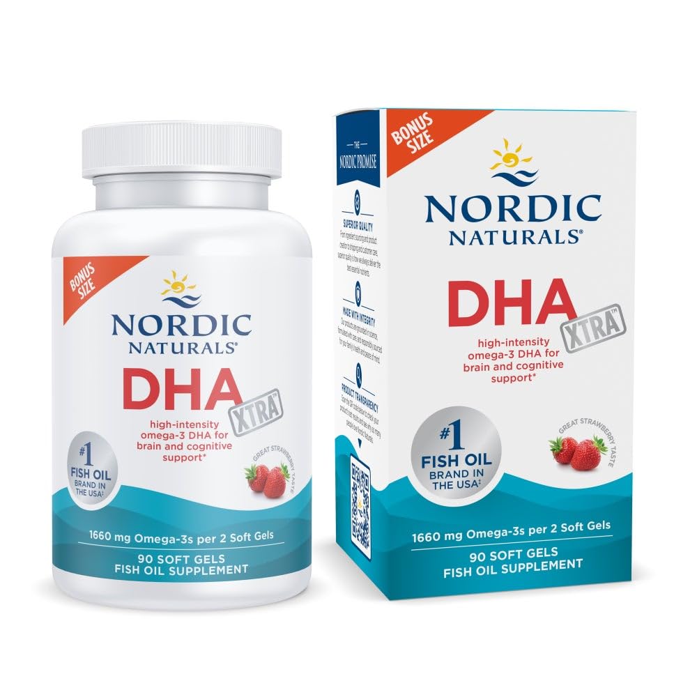 Bouteille Nordic Naturals DHA Xtra fraise, soutien potentiel du cerveau et du système nerveux.