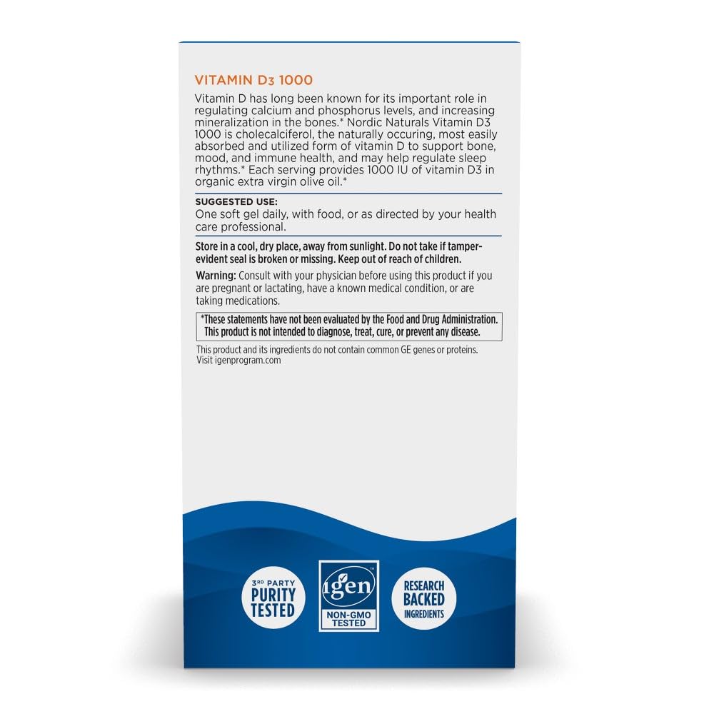 Gélules D3 orange de Nordic Naturals; dose quotidienne de 1000 UI.