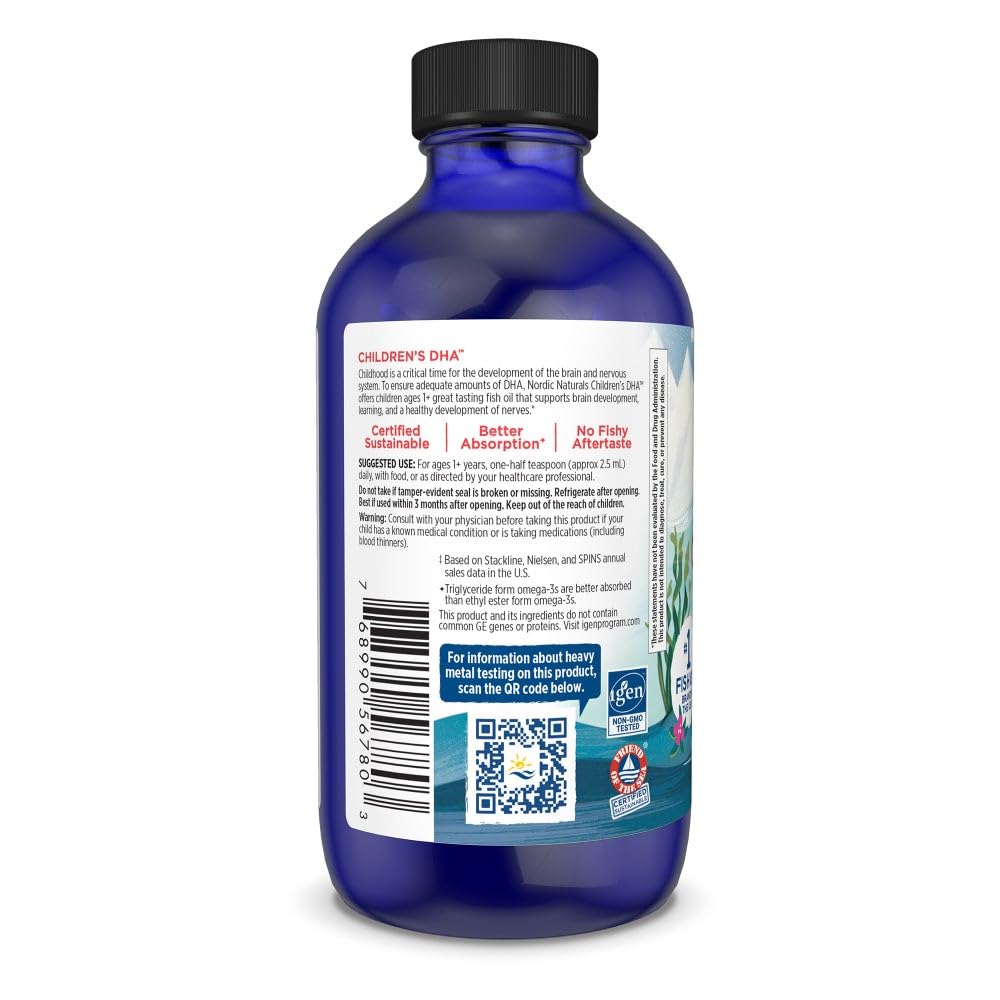 Nordic Naturals Enfants DHA, étiquette pureté et traçabilité, sans gluten ni lactose.