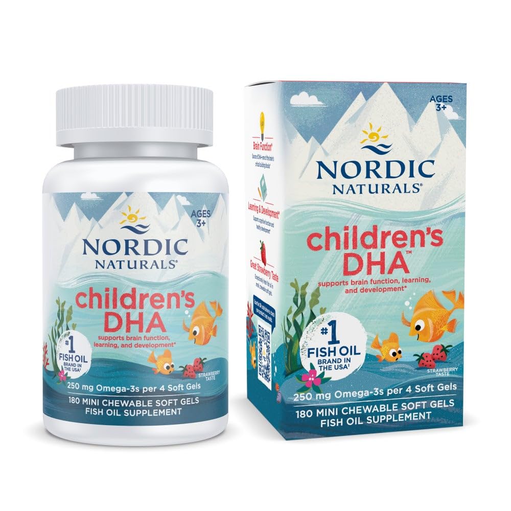Nordic Naturals DHA Enfants Fraise – flacon clair et goût fruité, soutien potentiel au développement.