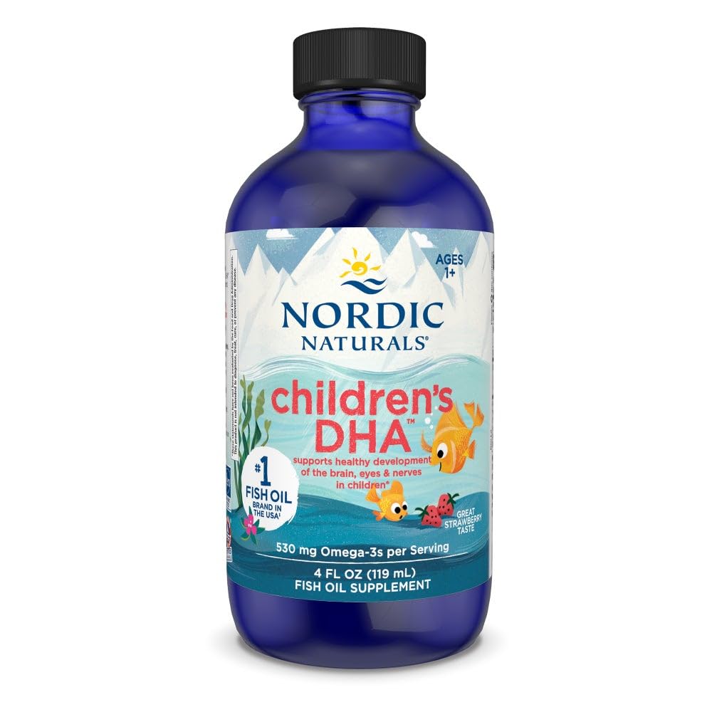 Nordic Naturals Enfants DHA, bouteille 4 oz au goût fraise, soutien potentiel du développement cérébral.