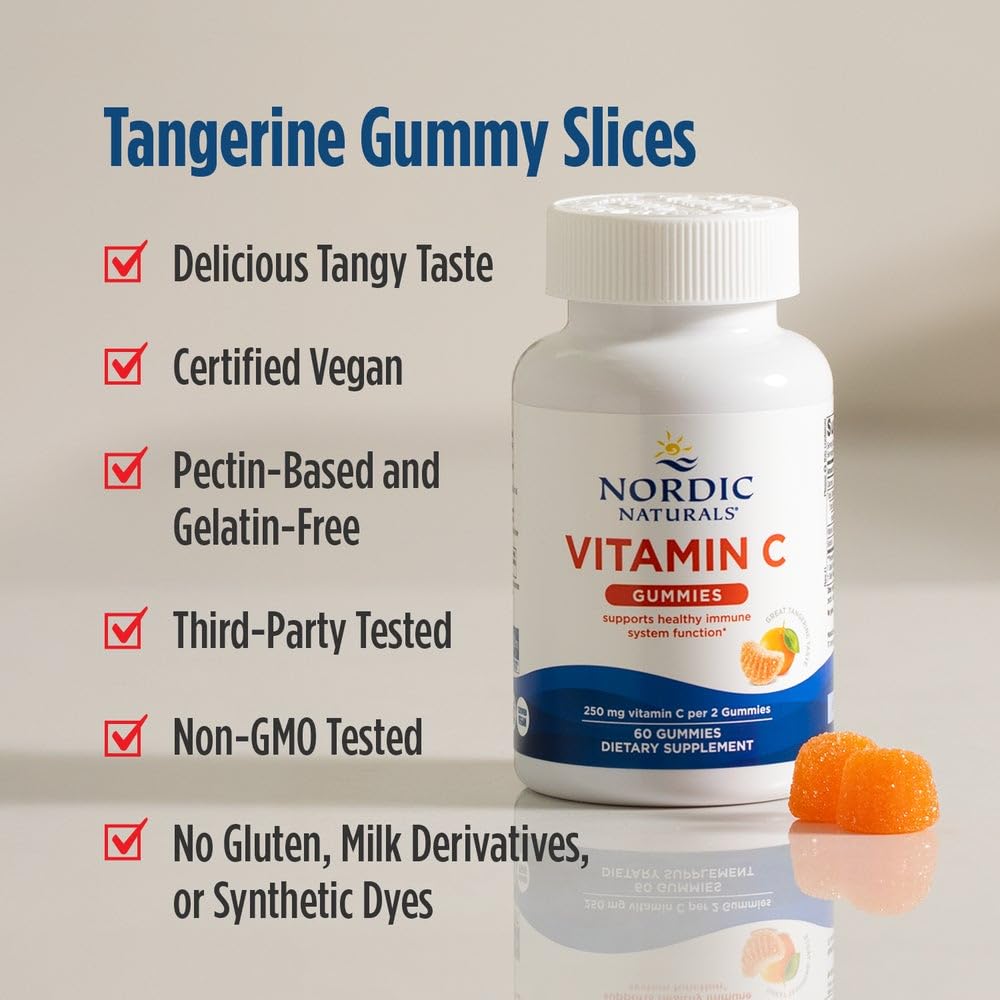 Gommes Nordic Naturals vitamine C tart-tangerine adaptées aux enfants, goût apprécié.