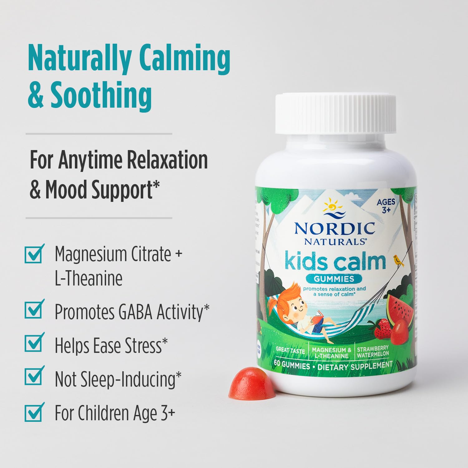 Nordic Naturals Kids Calm Gummies — saveur fraise-pastèque pour un moment agréable.