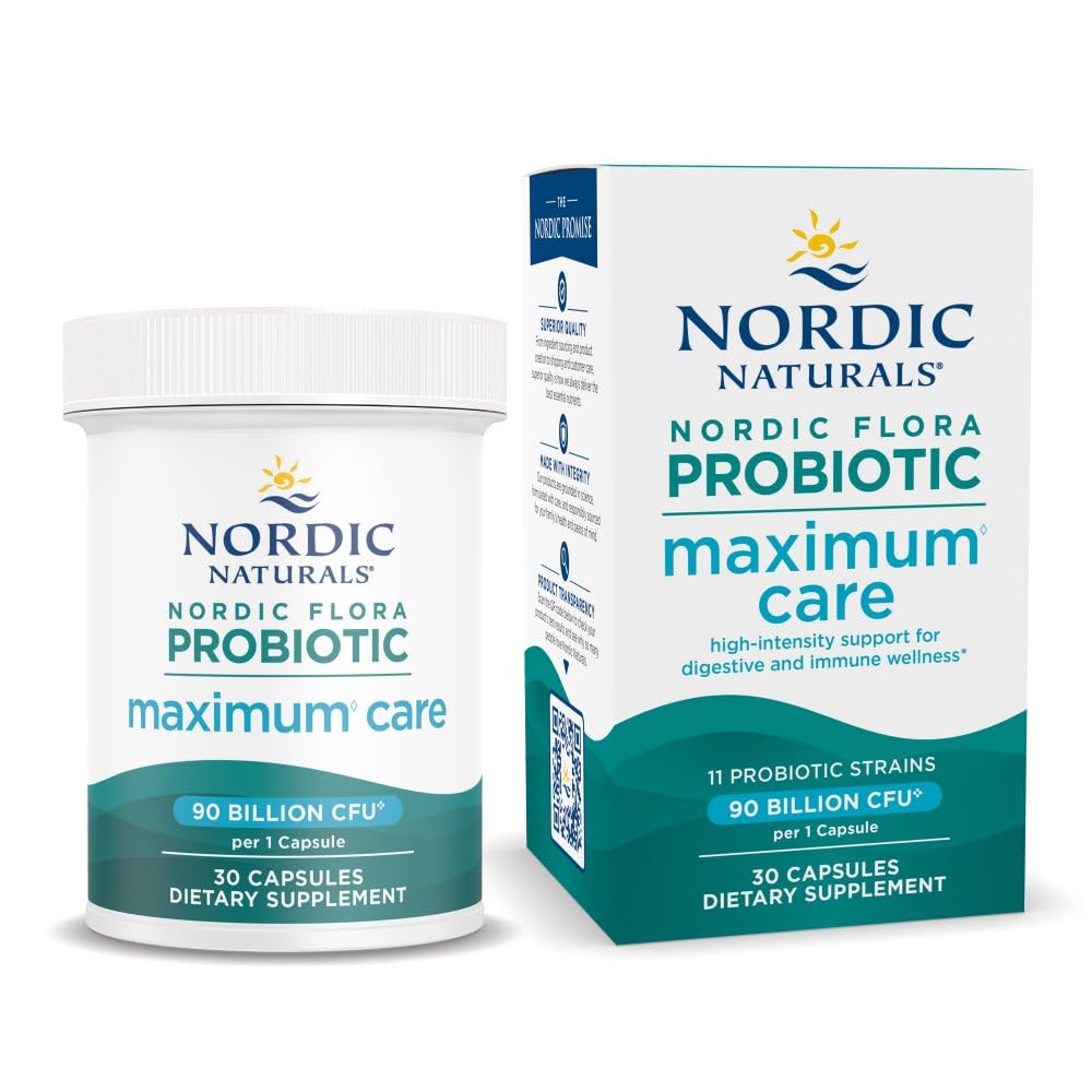 Nordic Naturals Nordic Flora Maximum Care: bouteille pratique pour une routine probiotique quotidienne.