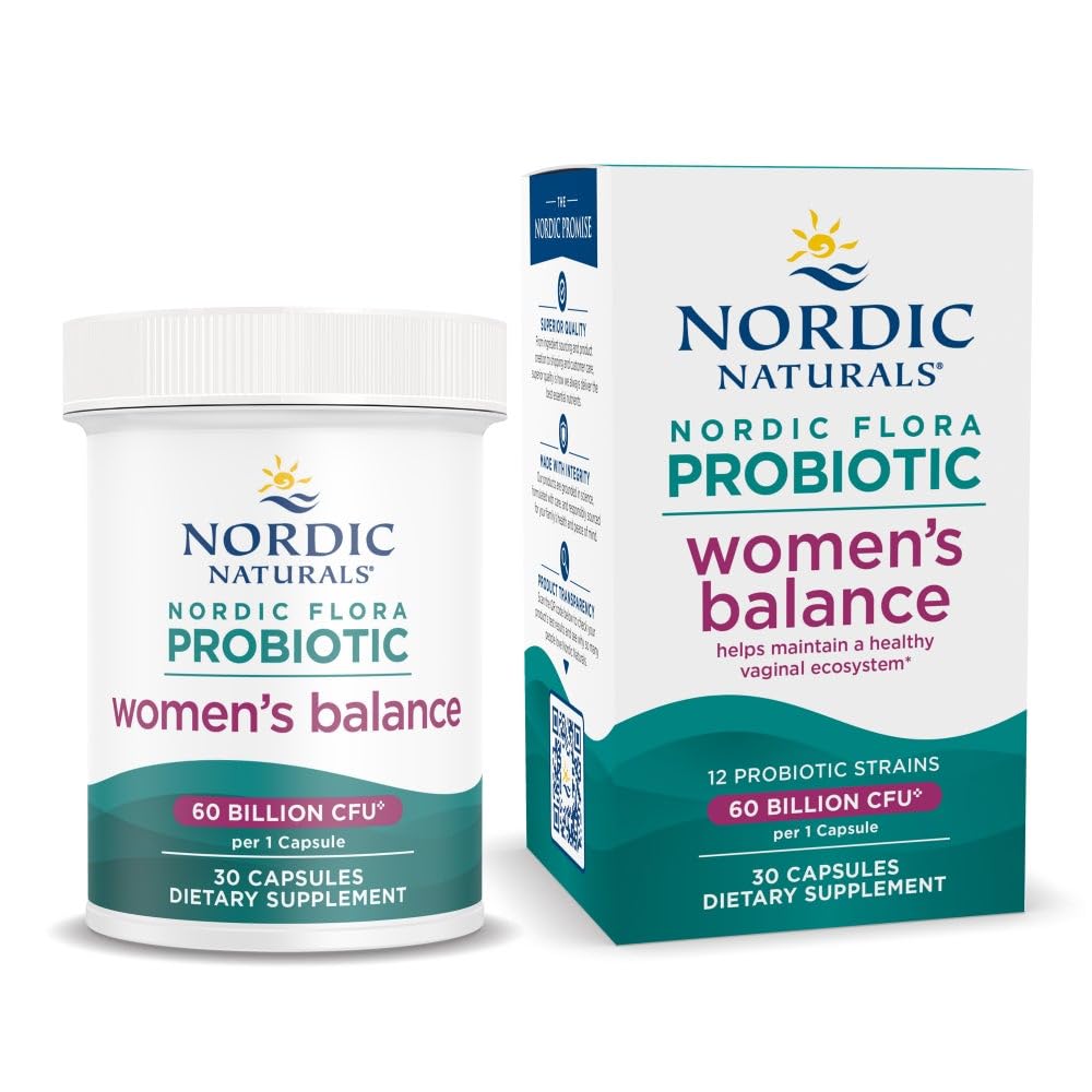 Bouteille Nordic Naturals Nordic Flora Probiotic Women's Balance, soutien intestinal et flore vaginale équilibrée.