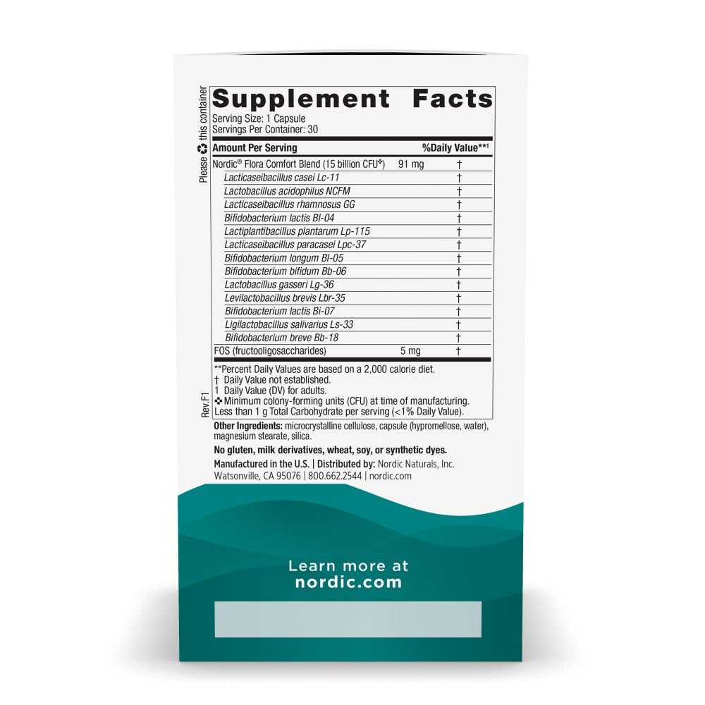 Capsules véganes Nordic Naturals Nordic Flora Probiotic Comfort, faciles à prendre.