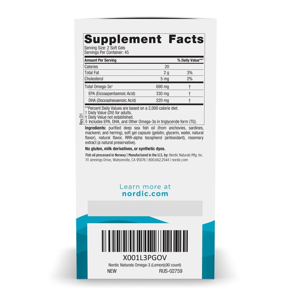 Gélules Nordic Naturals Oméga-3 au citron, format pratique pour la routine quotidienne.