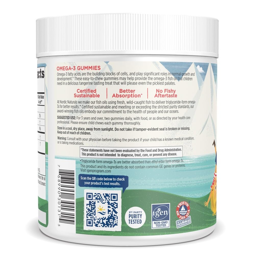 Nordic Naturals Omega-3 Gummies Tangerine, étiquette indiquant non-OGM et allergènes absents.