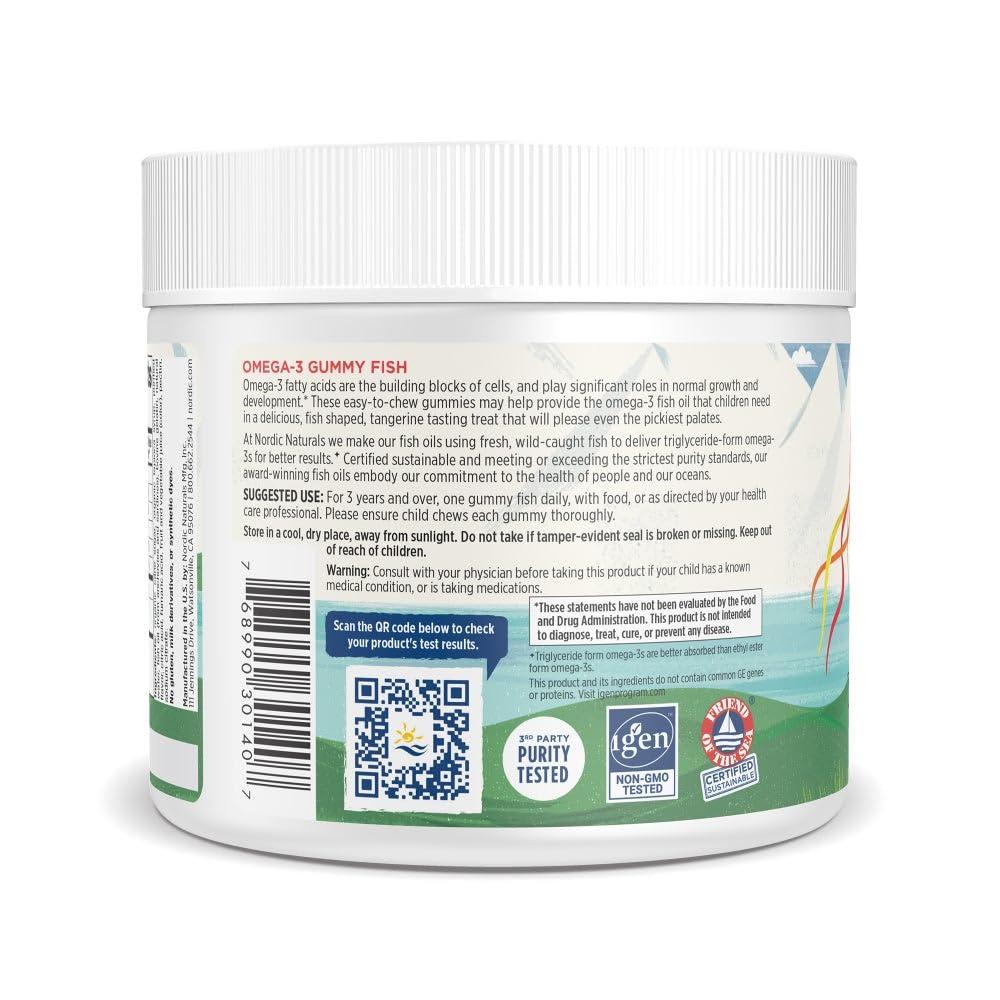 Nordic Naturals Omega-3 Gummy gout-mandarine : texture douce adaptée pour enfants.
