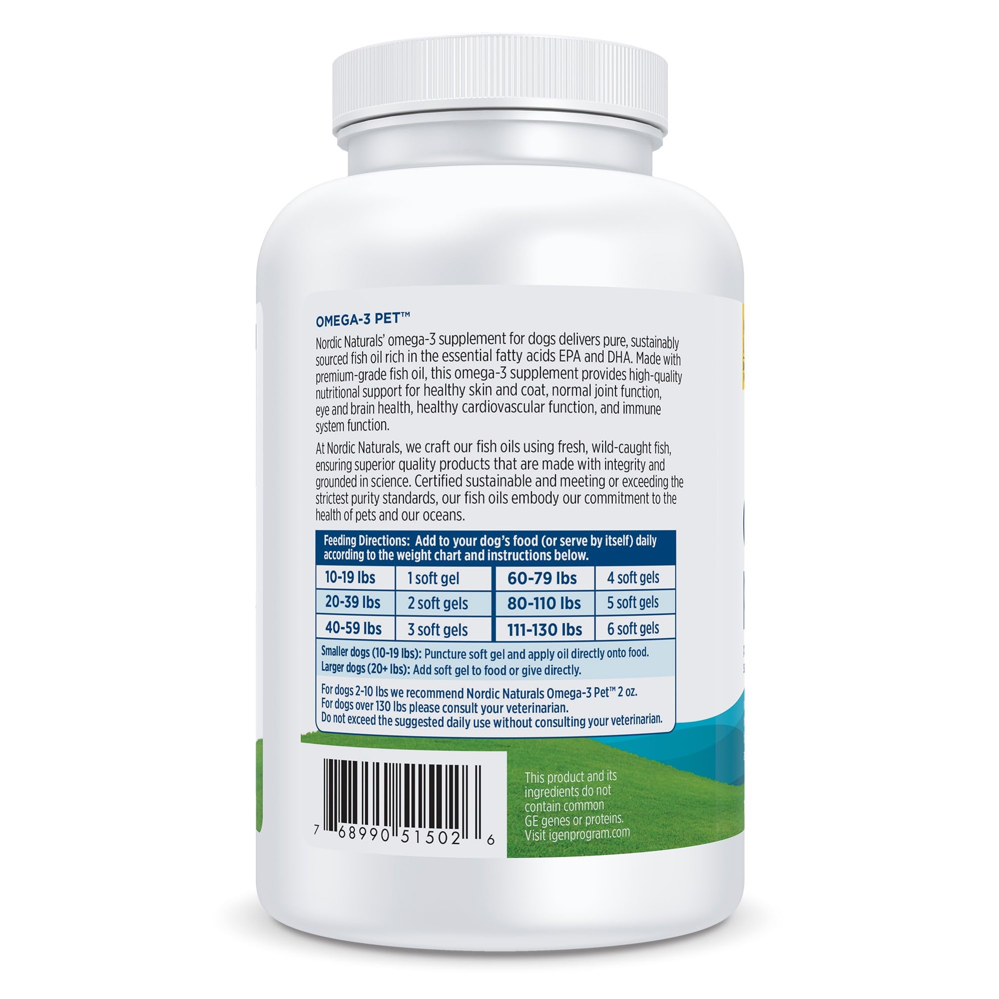 Nordic Naturals Omega-3 Pet etiquette: étiquette claire facilitant le dosage et le suivi.