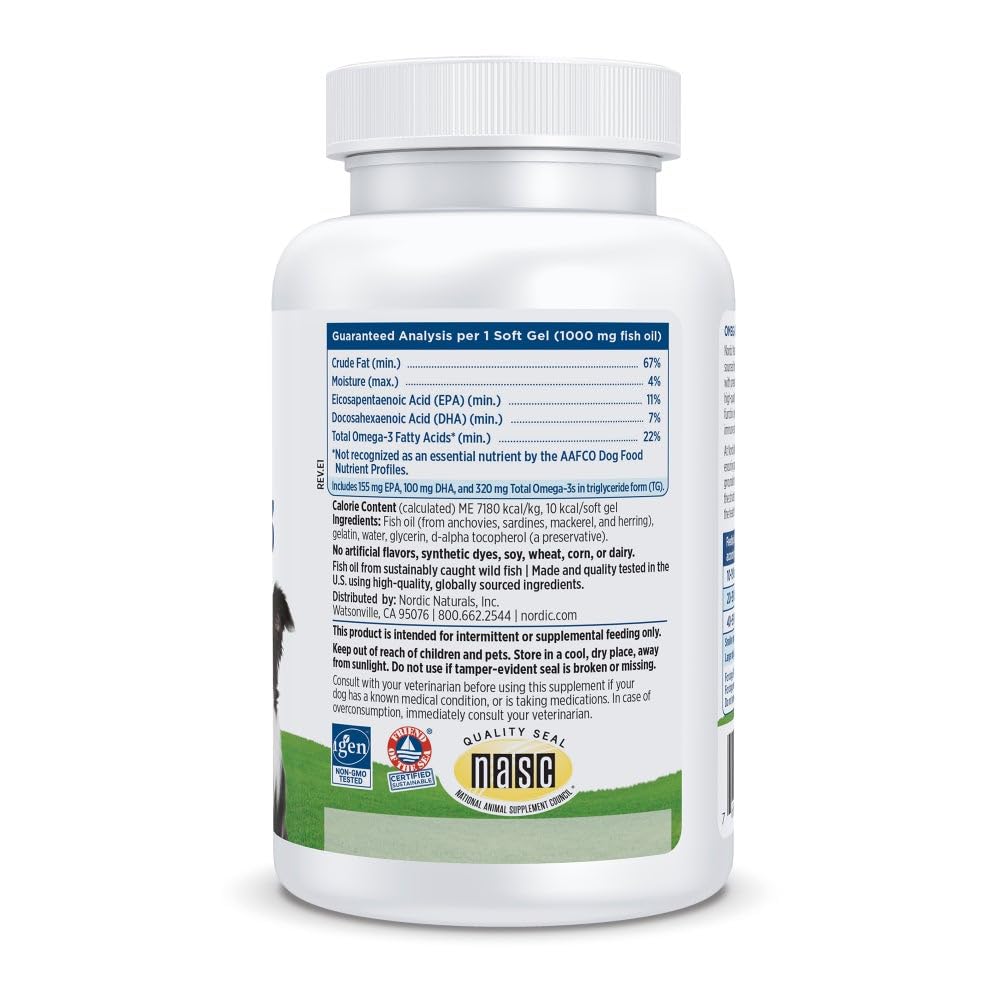 Capsules molles non parfumées Nordic Naturals pour chiens, soutien du pelage et de l’immunité.