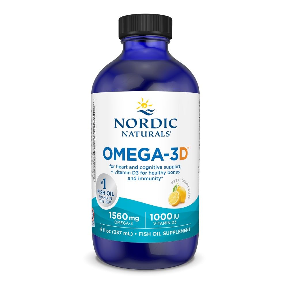 Nordic Naturals Omega-3D au citron, bouteille en vedette, soutien quotidien potentiel cœur et cerveau.